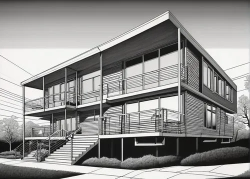 sketchup,revit,neutra,mid century house,3d rendering,house drawing,cantilevers,modern architecture,reclad,tonelson,cantilevered,mid century modern,corbu,passivhaus,eichler,modern house,prefab,autodesk,arquitectonica,midcentury,Illustration,Black and White,Black and White 18