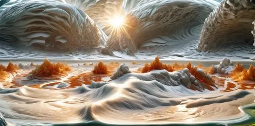 ice landscape,fantasy landscape,lava river,volcanic landscape,ice planet,volcanic field,mountain tundra,ice cave,lava cave,lava dome,snow mountains,glacier cave,mountain settlement,solar eruption,mountainous landforms,mountain plateau,salt meadow landscape,geological phenomenon,fractal environment,fire mountain