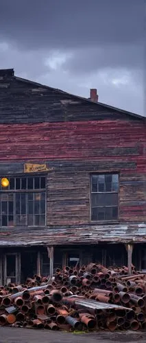 Rustic architectural salvage yard, Portland Maine, old wooden signs, distressed metal roofs, vintage windows, reclaimed lumber, industrial pipes, brick walls, abandoned machinery, scattered tools, nos