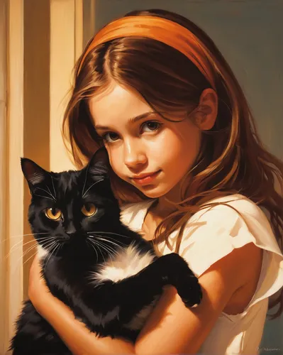 a cute girl with a cat，by Carrie Graber,little boy and girl,child portrait,black cat,oil painting,romantic portrait,tenderness,young girl,cat lovers,pet black,oil painting on canvas,domestic cat,red t