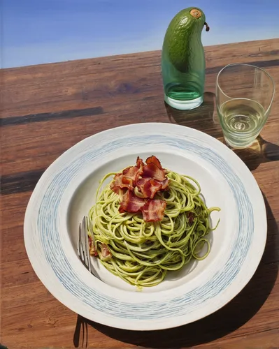 Avocado-Spaghetti mit Bacon,spaghetti aglio e olio,spaghetti alla puttanesca,food styling,amatriciana sauce,pesto,linguine,spaghetti alle vongole,carbonara,serveware,carpaccio,green papaya salad,dinne