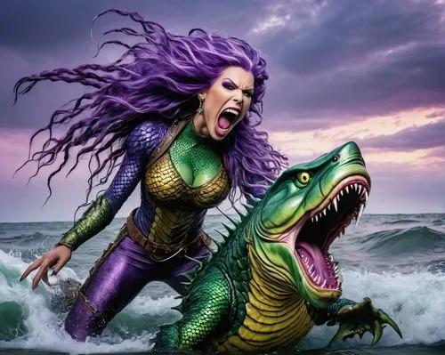 sea monsters,crocodile woman,kammerman,ammerman,merfolk,aquaria,Illustration,American Style,American Style 01