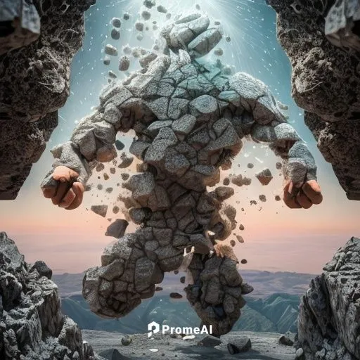 space rock shower, broken, gaps, resembles human being, legs, arms, head, nose, eyes, face, many clusters of rocks, dusty, granules. In space, Earth in background,mandelbulb,fractal environment,fracta