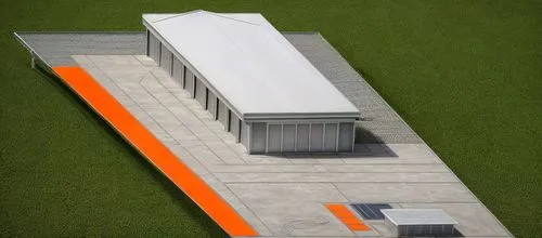 This shed belongs to a flying club so create an aviation hangar based on this image, the gray part is concrete, the orange part is steel doors, and the green part is grass.,3d rendering,school design,