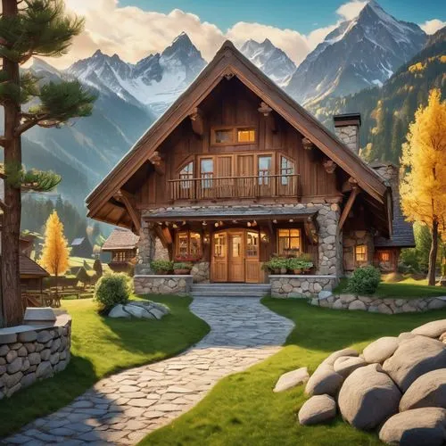 house in mountains,house in the mountains,alpine village,the cabin in the mountains,chalet,log cabin,mountain huts,home landscape,log home,mountain hut,beautiful home,mountain village,alpine landscape,mountain settlement,wooden house,summer cottage,traditional house,alpine style,mountain scene,alpine hut,Illustration,Retro,Retro 12