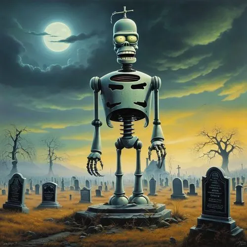 Футурама бендер,the image of a creepy skeleton and graveyard with graves on the ground,endoskeleton,vintage skeleton,skeletons,necropolis,skeletal,necrology,Conceptual Art,Fantasy,Fantasy 29