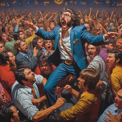 concert crowd,shrovetide,fraternity,crowd,popular art,audience,a party,oktoberfest celebrations,oil painting on canvas,overthrow,party people,the crowd,crowds,fête,conductor,ecstatic,freemason,state of the union,elvis impersonator,orator,Illustration,Retro,Retro 14