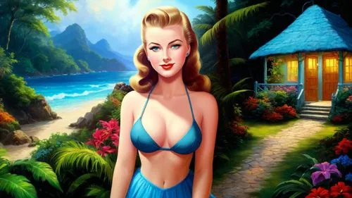 Romantic masterpiece oil painting, cute girl portrait, nostalgic 1950's style kitsch, vibrant rainforest landscape, lush tropical jungle paradise, summer beach vacation seaside cottage scenery, by Tho