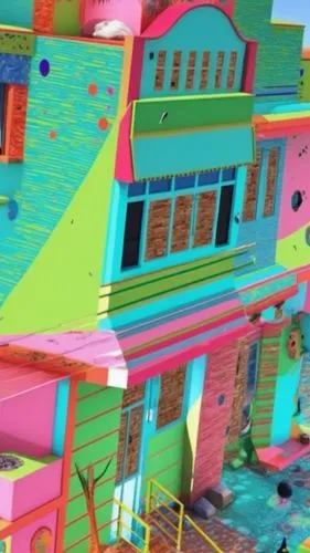 a house with a lot of color on it,stilt houses,colorful facade,hyperreality,gondry,cube stilt houses,beachhouse,Conceptual Art,Oil color,Oil Color 23