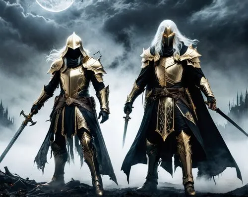 a golden knight and a black mage with long white hair prepare to fight against evil forces, a dark and ethereal atmosphere,executioners,guards of the canyon,armors,legionaries,claymore,halberds,lictor