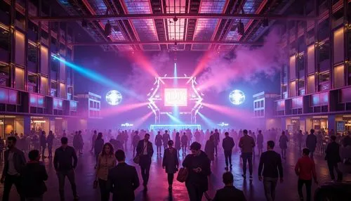 printworks,luminato,digitalism,cybercity,nightclub,cyberpunk,cyberscene,megastructure,colored lights,rave,dystopian,factory hall,emporium,mutek,cyberia,cyberworld,coldharbour,disco,metropolis,cyberport