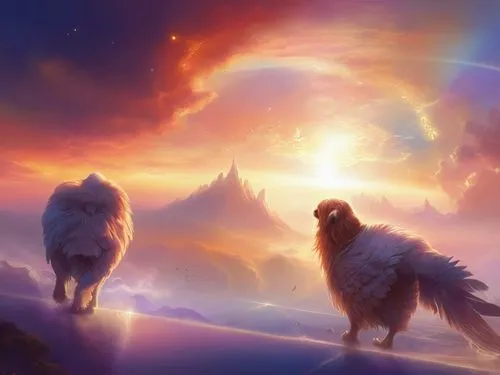 howl,fantasy picture,great pyrenees,howling wolf,pyrenean shepherd,unicorn background,the lion king,fantasy landscape,leonberger,rough collie,companion dog,gryphon,dog angel,two wolves,sun and moon,li