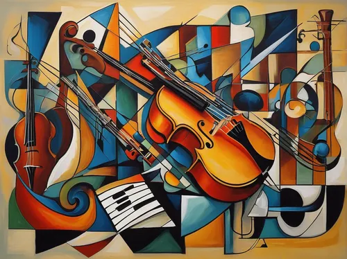 Music Painting - Cubism Music I by Marina R Burch,jazz guitarist,string instruments,cellist,musical instruments,instrument music,stringed instrument,music instruments,musicians,musical instrument,musi