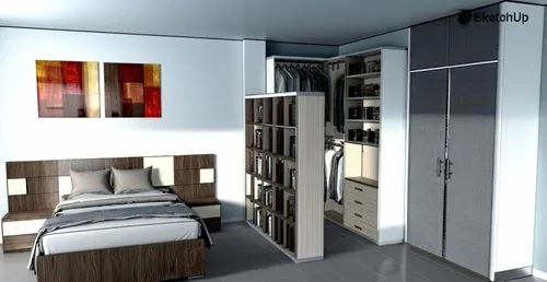 diseño moderno muebles blancos, dormitorio interior ambiente oscuro

,a room with closet and bed in it,modern room,3d rendering,habitaciones,interior modern design,bedrooms,sketchup,Photography,Genera