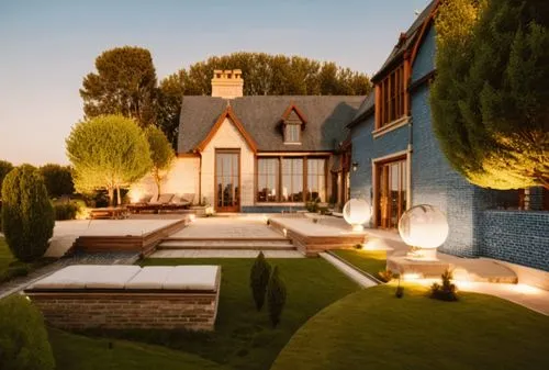 glass bricks tiles garden trees pool wood park landscape sunlight blue sky night view Spotlights night view summer manoir villa ,a large, home with a water fountain in the front yard,3d rendering,rend