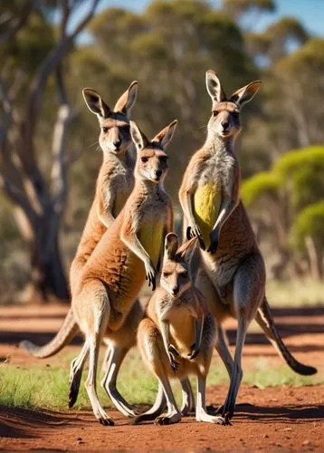 A mob of kangaroos, Australian outback, sunny afternoon, clear blue sky, green grassland, eucalyptus trees, pouches, strong legs, furry bodies, cute faces, energetic jumping, playful interaction, warm