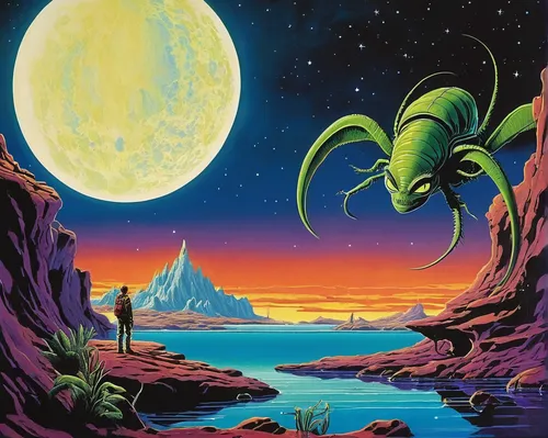 an island far away landscape,moon valley,lunar landscape,alien planet,moonscape,monkey island,lagoon,valley of the moon,futuristic landscape,earth rise,tropics,valerian,ocean paradise,alien world,islands,lunar,planet eart,diamond lagoon,polynesia,tranquility base,Illustration,Children,Children 01