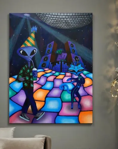 zooropa,modern decor,dmt,digiart,dancing couple,dance with canvases,abstract cartoon art,ufo interior,interior decor,alebrije,varekai,dichroic,disco,martians,kokopelli,slide canvas,extraterrestrials,i