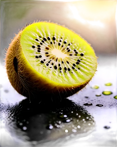 Yellow kiwi fruit, solo, detailed skin texture, tiny hairs, green stem, plump body, slightly squeezed, morning dew, soft natural light, close-up shot, shallow depth of field, warm color tone, realisti