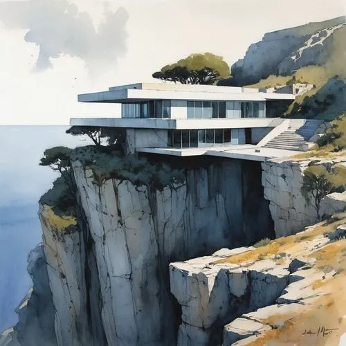 malaparte,clifftop,cliffside,cliff top,clifftops,fallingwater,Illustration,Paper based,Paper Based 05