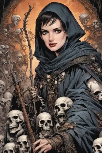 gothic portrait,necromancer,sorceresses,seregil,mordenkainen,ravenloft,morwen,gothic woman,skull bones,hecate,kalinda,sorceress,wiccan,malazan,necrosha,gothicus,abaddon,necrology,viveros,grim reaper,Digital Art,Comic