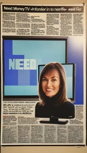 An ad poster; depict an old 2021 TV screen with my wife smiling image on it. The lettering on screen: Need: Money. Women, Information, E-mail: PeterRedhill@outlook.com,metromedia,metrotv,mediafax,comp