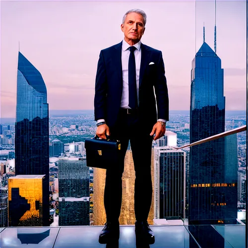 Image profit, businessman, mature man, suit, white shirt, black tie, briefcase, gold watch, confident expression, standing, powerful posture, cityscape background, skyscraper, glass window reflection,