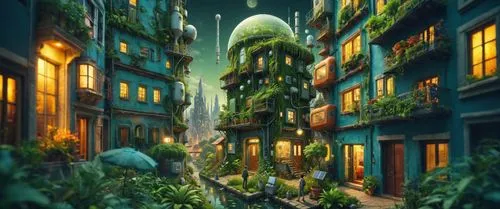 ecotopia,fantasy city,cartoon video game background,3d fantasy,arrietty,world digital painting