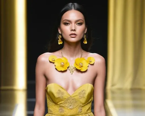 dark hair, yellow flowers, jade stone, dark brown hair with a part in the middle, gold silky top lace design,the beautiful young model wears yellow earrings and yellow dress,filipiniana,siriano,miss v