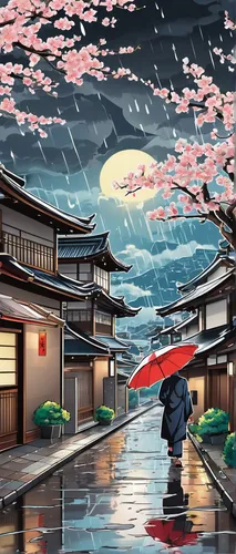 cherry blossom in the rain,japanese sakura background,sakura background,japanese umbrellas,kyoto,japanese art,tsukemono,world digital painting,japanese umbrella,rainy season,japan landscape,cool woodblock images,japanese background,asakusa,umbrellas,japan,japanese waves,sakura blossom,japanese wave,man with umbrella,Unique,Design,Sticker