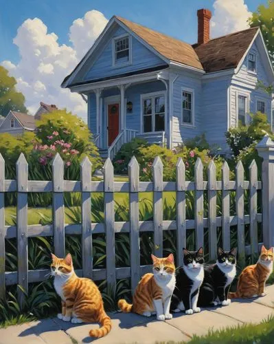 cattery,houses clipart,cats on brick wall,cat family,white picket fence,kittelsen,Conceptual Art,Daily,Daily 01