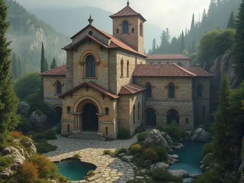 sunken church,monastery,house in the mountains,rivendell,house in mountains,little church,fairy tale castle,fairytale castle,monasteries,mountain settlement,house in the forest,house with lake,wooden church,forest chapel,house of prayer,fantasy landscape,avernum,kinkade,island church,riftwar,Photography,General,Realistic