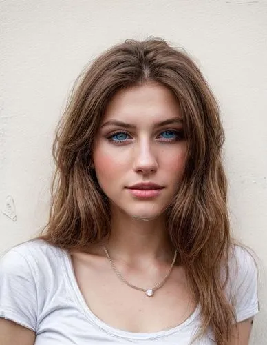 a portrait of a beautiful caucasian girl 23 years old, brown hair, blue eyes and white T shirt stand up in the street of london at sunset as background in 4k,heterochromia,pretty young woman,girl in t