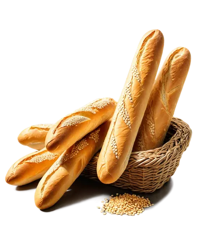 Freshly baked baguettes, golden crust, soft interior, crispy edges, scattered sesame seeds, woven basket, morning sunlight, 3/4 composition, shallow depth of field, warm color tone, cinematic lighting