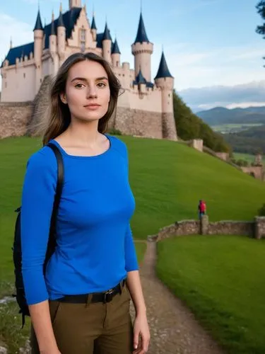 Her, in front of a castle with a hiker or hunter look.,a woman standing in front of a castle, posing for the camera,iulia hasdeu castle,greenscreen,green screen,castles,shipka,pevensie