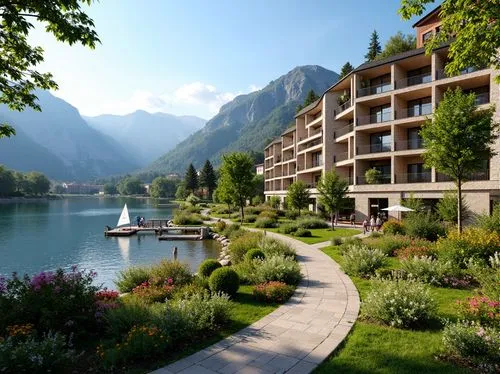 Serene lakefront scenery, lush greenery, vibrant flowers, meandering walkways, wooden docks, sailboats, paddleboards, tranquil water reflections, majestic mountain views, rustic stone walls, modern ho