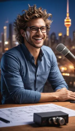 Microphone, studio, minimalist background, wooden desk, modern chair, male host, 30s, casual wear, glasses, messy hair, smiling face, enthusiastic gestures, architectural model, blueprints, drafting t