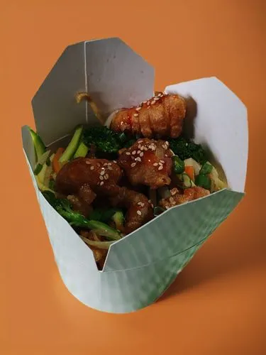 a close up of a plate of food with vegetables,rojak,suya,sweet and sour pork,sweet and sour chicken,tapao,satay chicken,Pure Color,Pure Color,Orange