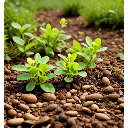 Peanut plant, green leaves, tiny yellow flowers, brown peanuts, sprawling vines, earthy soil, morning dew, soft sunlight, 3/4 composition, shallow depth of field, warm color tone, cinematic lighting.,