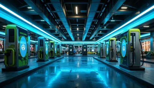 Neon-lit charging stations, metallic surfaces, gleaming steel beams, futuristic architecture, LED strip lighting, dynamic color schemes, high-gloss finishes, minimalist design, urban landscapes, city 