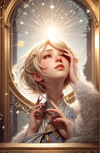 lux,fantasy portrait,portrait background,gold frame,show off aurora,cg artwork,golden crown,golden frame,aurora,zodiac sign libra,custom portrait,celestial event,constellation lyre,mystical portrait of a girl,mary-gold,silver frame,the snow queen,celestial,libra,golden wreath