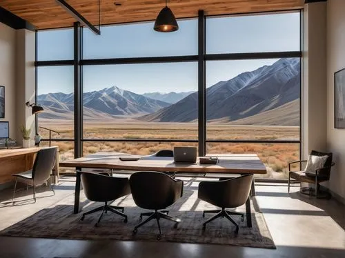 Modern interior design firm, Utah, luxurious office space, sleek wooden desks, ergonomic chairs, floor-to-ceiling windows, stunning mountain views, minimalist decor, abstract artwork, polished concret