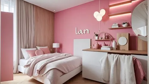 Girls' bedroom
Bright colors, pastel pink and white, minimal style
Light wooden floor
Bright walls 
Pink, white and pink bedspread with fancy cushions,a bedroom painted in pink and white, including th