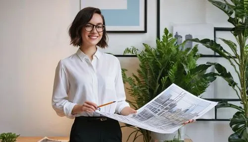 Modern interior designer, female, 25yo, standing, architectural degree, glasses, short hair, elegant makeup, white shirt, black trousers, heels, holding blueprints, pencil in hand, smiling, confident,