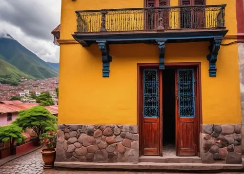 Ecuadorian colonial style building, vibrant colored walls, ornate wooden doors, intricate stone carvings, red-tiled roofs, balconies with wrought iron railings, lush greenery overflowing from window s