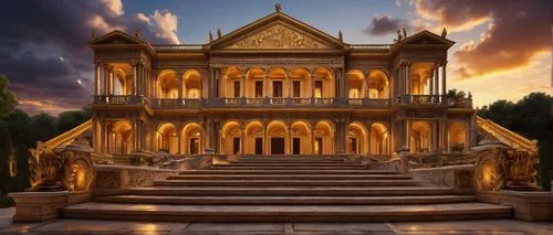 Ancient Roman-inspired MySQL architecture, grandeur columns, ornate arches, intricate stone carvings, majestic staircases, lavish fountains, warm golden lighting, evening atmosphere, cloudy sky, drama