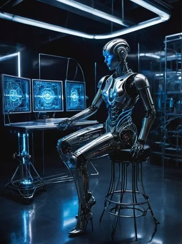 RKelly AI, futuristic laboratory interior, solo, robotic figure, metallic body, glowing blue eyes, advanced mechanical limbs, intricate circuitry details, holographic screens, neon lights, sleek black