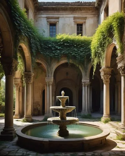 cloister,abbaye de belloc,sudeley,cortile,courtyards,zelenay,courtyard,cloisters,maximilian fountain,philbrook,inside courtyard,kykuit,garden of the fountain,alcazar of seville,cloistered,abbaye,old fountain,dorne,roman bath,fountain lawn,Illustration,Paper based,Paper Based 20