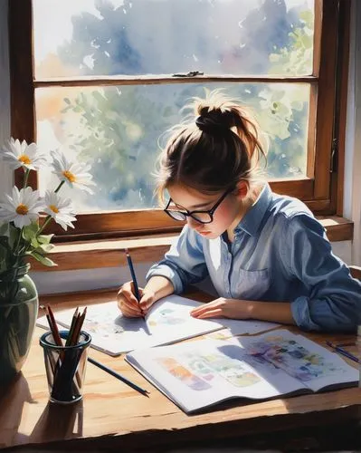 girl studying,little girl reading,children drawing,girl drawing,children studying,flower painting,watercolor painting,study,kids illustration,illustrator,sunflower coloring,photo painting,child with a book,tutor,painting technique,world digital painting,watercolor,watercolor background,watercolor paint,home schooling,Illustration,Paper based,Paper Based 20