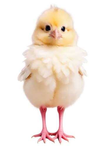 Easter chick, cute, fluffy yellow feathers, tiny beak, big round eyes, white wings, pink legs, standing, solo, close-up, soft focus, warm lighting, pastel colors, gentle composition.,a baby chick in w